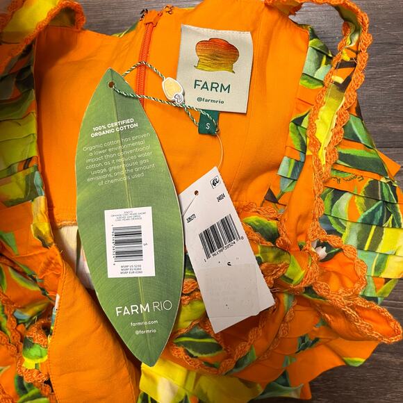 NWT Farm Rio Orange Chic Pears 100% Organic Cotton Mini Dress Belted S Retro - Picture 9 of 14